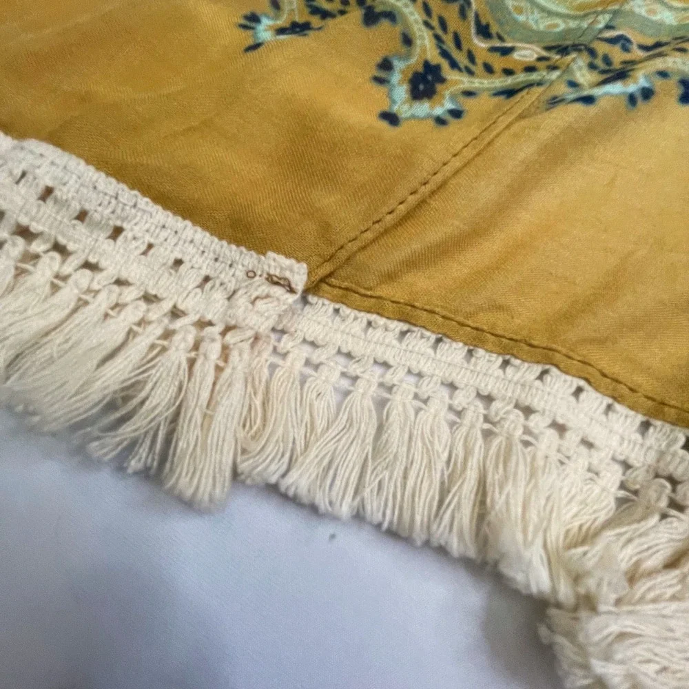 Angie Mustard Yellow Boho Medallion Fringe Kimono Wrap One Size OS‎